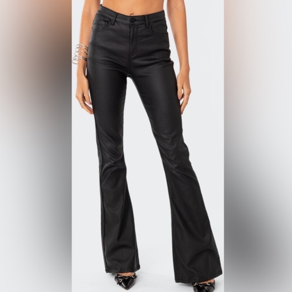 Edikted Womens Pants Size S Black Faux Leather High Rise Wide Leg Flared